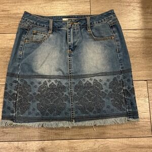 Stetson Denim Skirt Blue Embroidered Fringed Hem Size 2